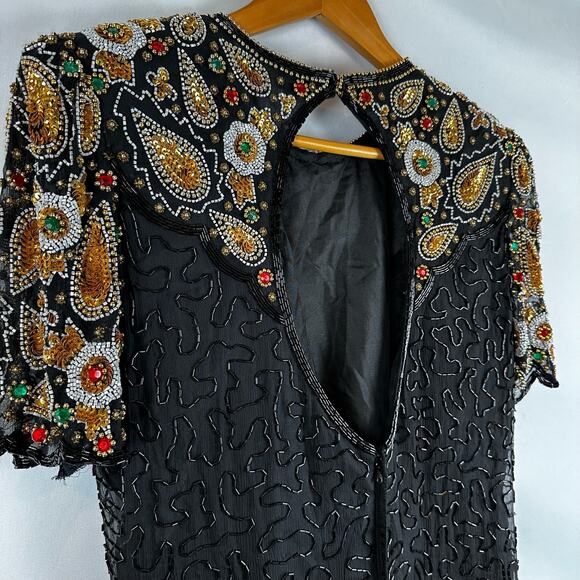 Laurence Kazar Short Sleeve Bodycon Beaded Black Mini Silk Dress Womens L Petite - Picture 10 of 16